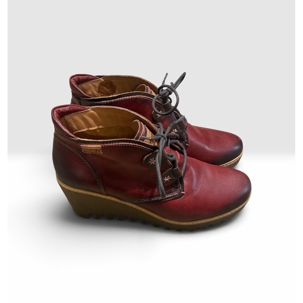 Pikolinos Womens 38 Maple Leather Wedge Ankle Boots Burgundy Lace Comfort